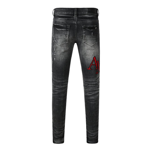 Men’s Black Washed Skinny Jeans with Red Letter Embroidery Distressed Street Style Denim Pants 8922