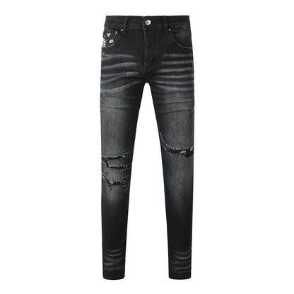 Men's Black Washed Skinny Jeans with Heavy Distressing and Bandana Patch Detail 8924
