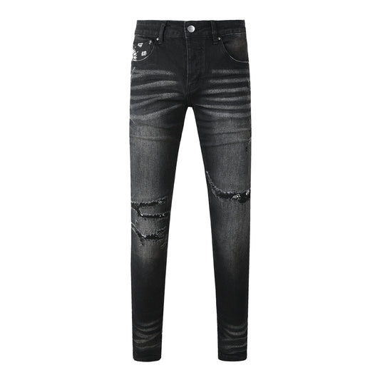 Men's Black Washed Skinny Jeans with Heavy Distressing and Bandana Patch Detail 8924