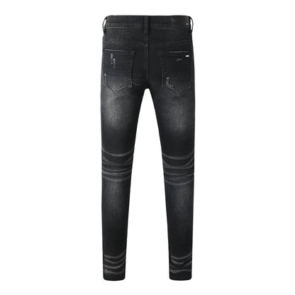 Men's Black Washed Skinny Jeans with Heavy Distressing and Bandana Patch Detail 8924