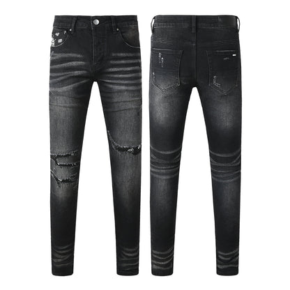 Men's Black Washed Skinny Jeans with Heavy Distressing and Bandana Patch Detail 8924