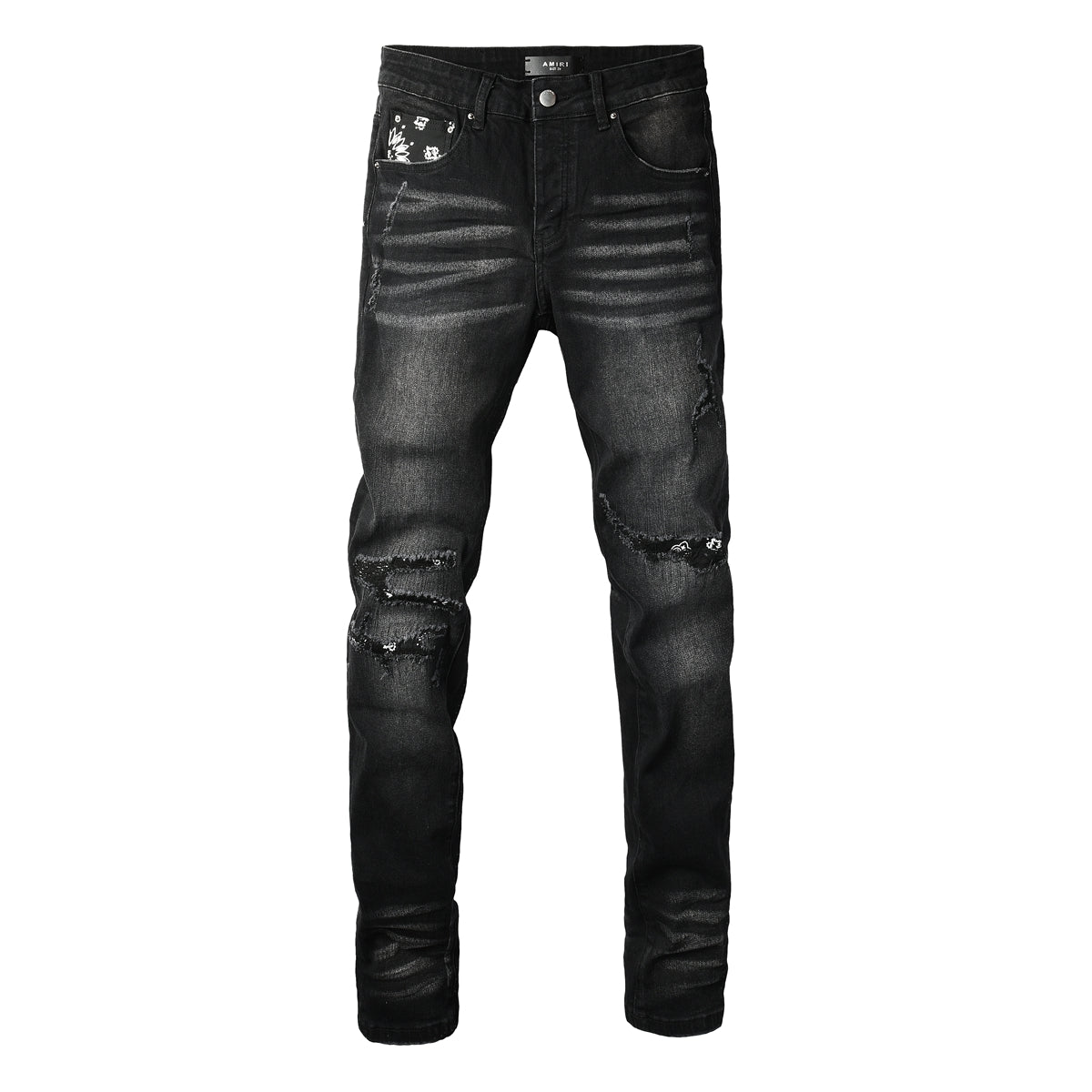 Men's Black Washed Skinny Jeans with Heavy Distressing and Bandana Patch Detail 8924