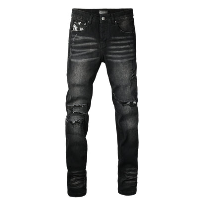 Men's Black Washed Skinny Jeans with Heavy Distressing and Bandana Patch Detail 8924