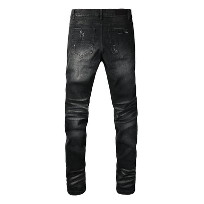 Men's Black Washed Skinny Jeans with Heavy Distressing and Bandana Patch Detail 8924