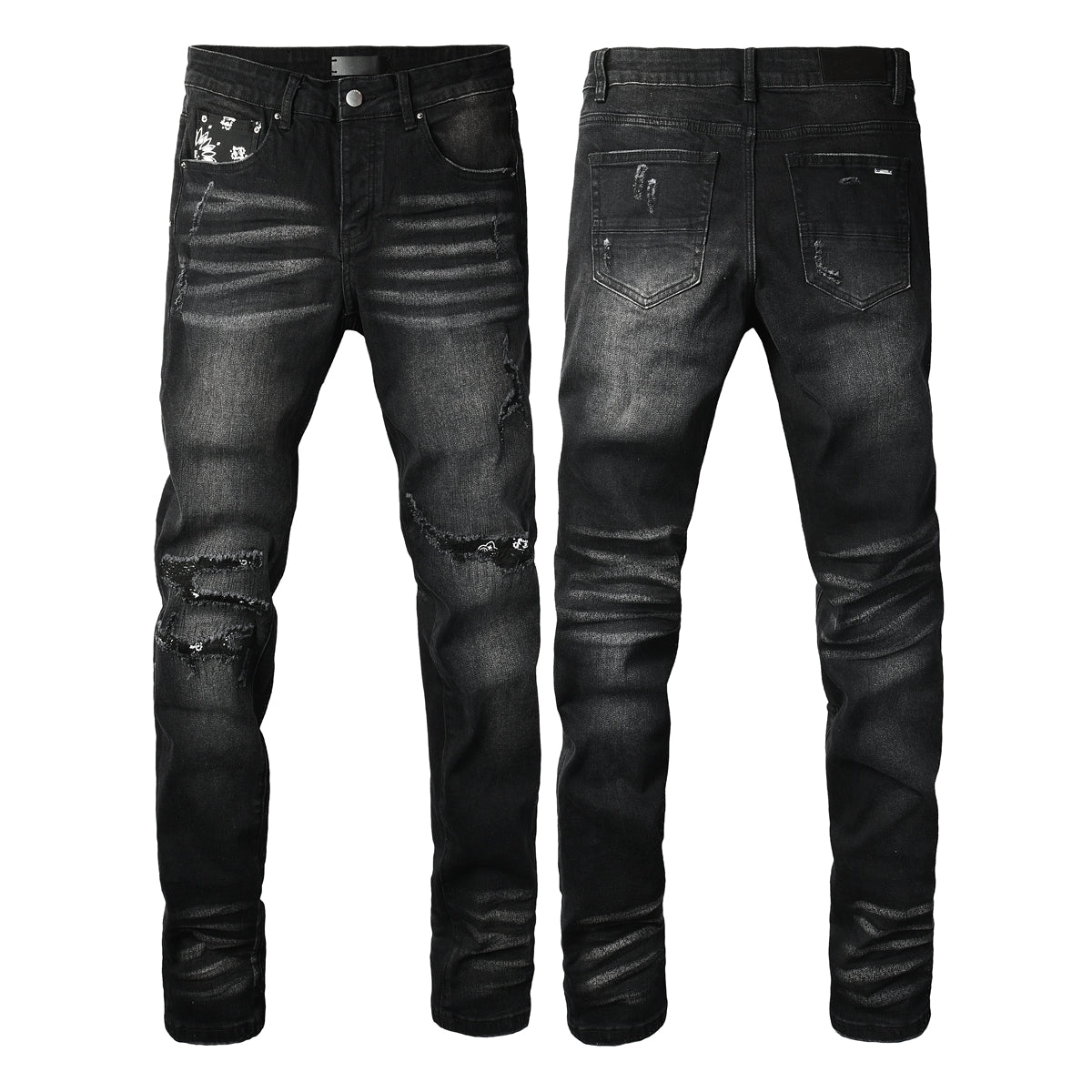 Men's Black Washed Skinny Jeans with Heavy Distressing and Bandana Patch Detail 8924