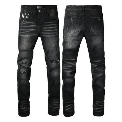 Men's Black Washed Skinny Jeans with Heavy Distressing and Bandana Patch Detail 8924