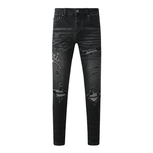 Men's Black Skinny Ripped Jeans with Rhinestone Letter Patch and Distressed Details 8925