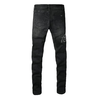 Men's Black Skinny Ripped Jeans with Rhinestone Letter Patch and Distressed Details 8925