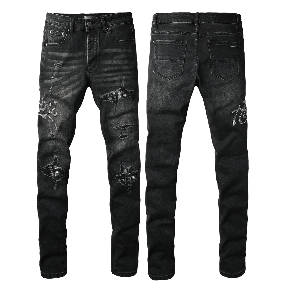 Men's Black Skinny Ripped Jeans with Rhinestone Letter Patch and Distressed Details 8925
