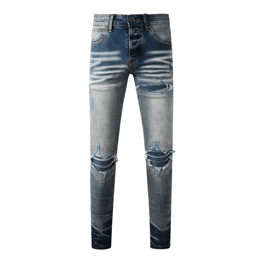 Men's Distressed Skinny Fit Blue Gradient Jeans with Knee Rips 8926