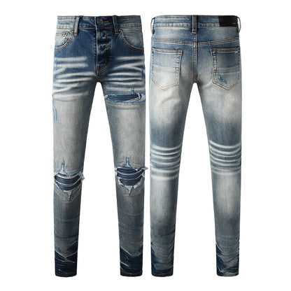 Men's Distressed Skinny Fit Blue Gradient Jeans with Knee Rips 8926