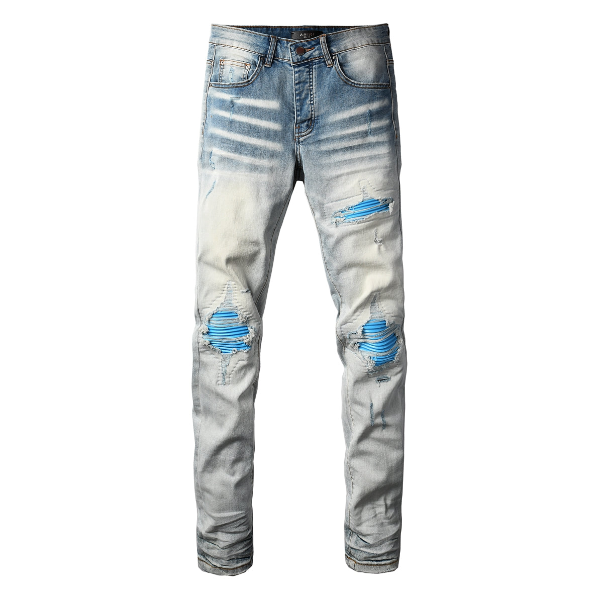 Vaqueros ajustados rotos de hombre estilo moto con paneles de rodilla azul brillante lavado claro 8927