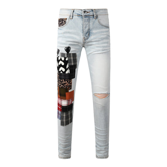 Men's Artistic Patchwork Skinny Jeans Light Wash Denim with Ripped Detail and Mixed Fabric Accents 8928