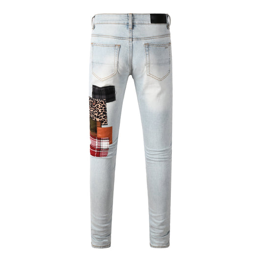 Men's Artistic Patchwork Skinny Jeans Light Wash Denim with Ripped Detail and Mixed Fabric Accents 8928
