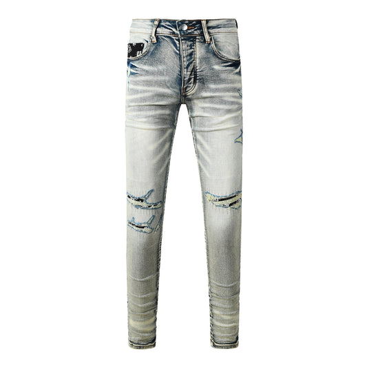 Men's Light Wash Skinny Jeans with Ripped Details and Bandana Pocket Accent 8929