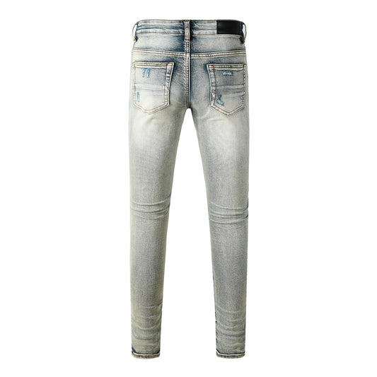 Men's Light Wash Skinny Jeans with Ripped Details and Bandana Pocket Accent 8929