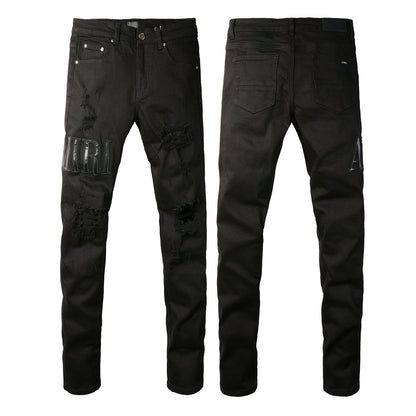 European and American Street Trendy Ripped Letter Embroidered Jeans High Street Trendy Men Slim-fitting Small Feet Jeans #892