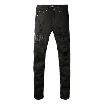 European and American Street Trendy Ripped Letter Embroidered Jeans High Street Trendy Men Slim-fitting Small Feet Jeans #892