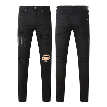 European and American Street Trendy Ripped Letter Embroidered Jeans High Street Trendy Men Slim-fitting Small Feet Jeans #892