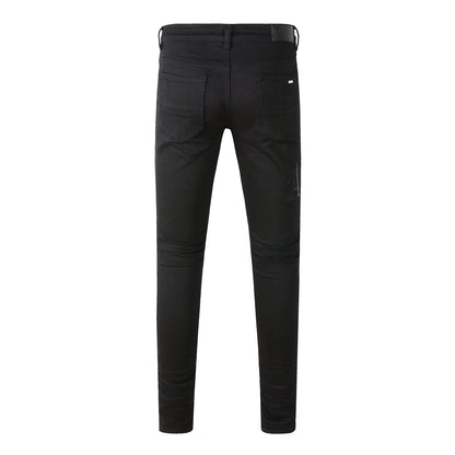 European and American Street Trendy Ripped Letter Embroidered Jeans High Street Trendy Men Slim-fitting Small Feet Jeans #892