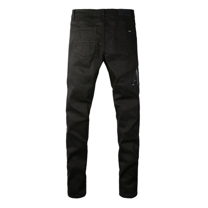 European and American Street Trendy Ripped Letter Embroidered Jeans High Street Trendy Men Slim-fitting Small Feet Jeans #892