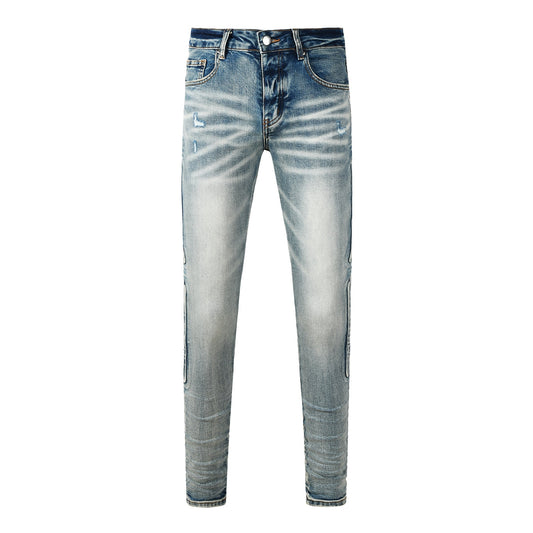 Men's Light Blue Slim-Fit Jeans with Washed Finish and Subtle Distressed Details 8930