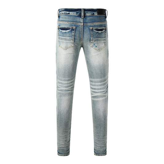 Men's Light Blue Slim-Fit Jeans with Washed Finish and Subtle Distressed Details 8930