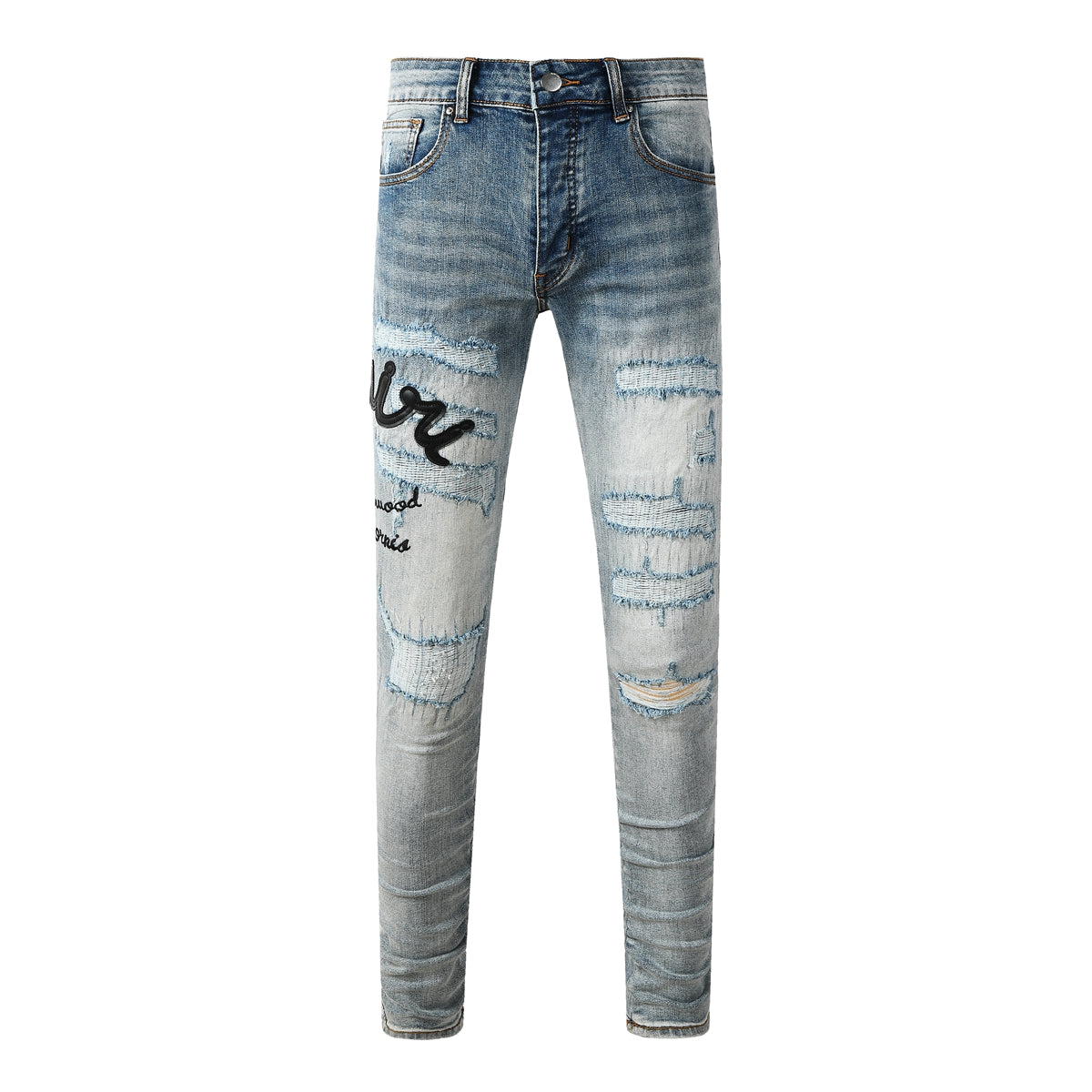 Men's Light Wash Distressed Skinny Jeans with Embroidered Lettering Street Style Denim 8931
