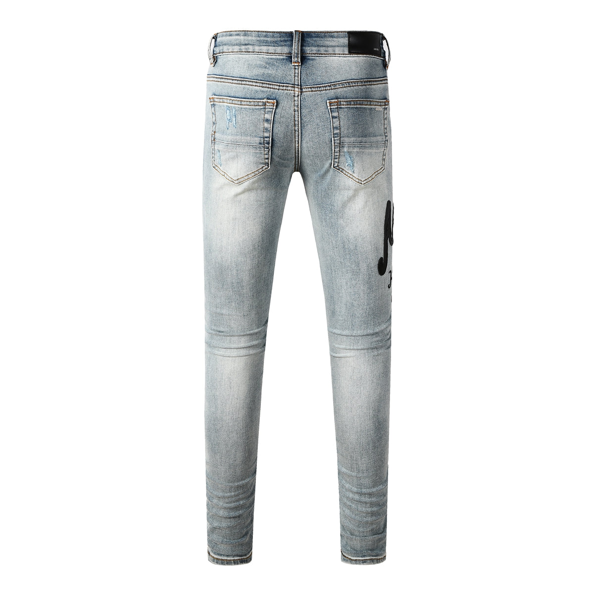 Men's Light Wash Distressed Skinny Jeans with Embroidered Lettering Street Style Denim 8931