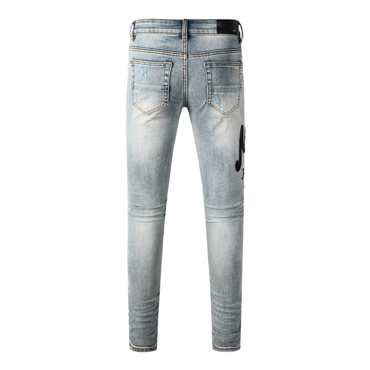 Men's Light Wash Distressed Skinny Jeans with Embroidered Lettering Street Style Denim 8931