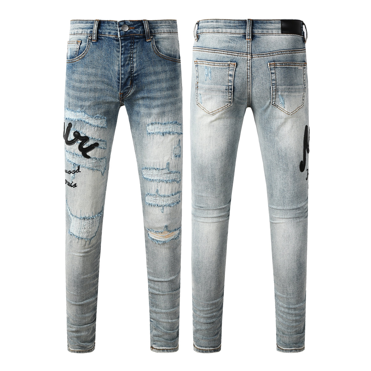 Men's Light Wash Distressed Skinny Jeans with Embroidered Lettering Street Style Denim 8931