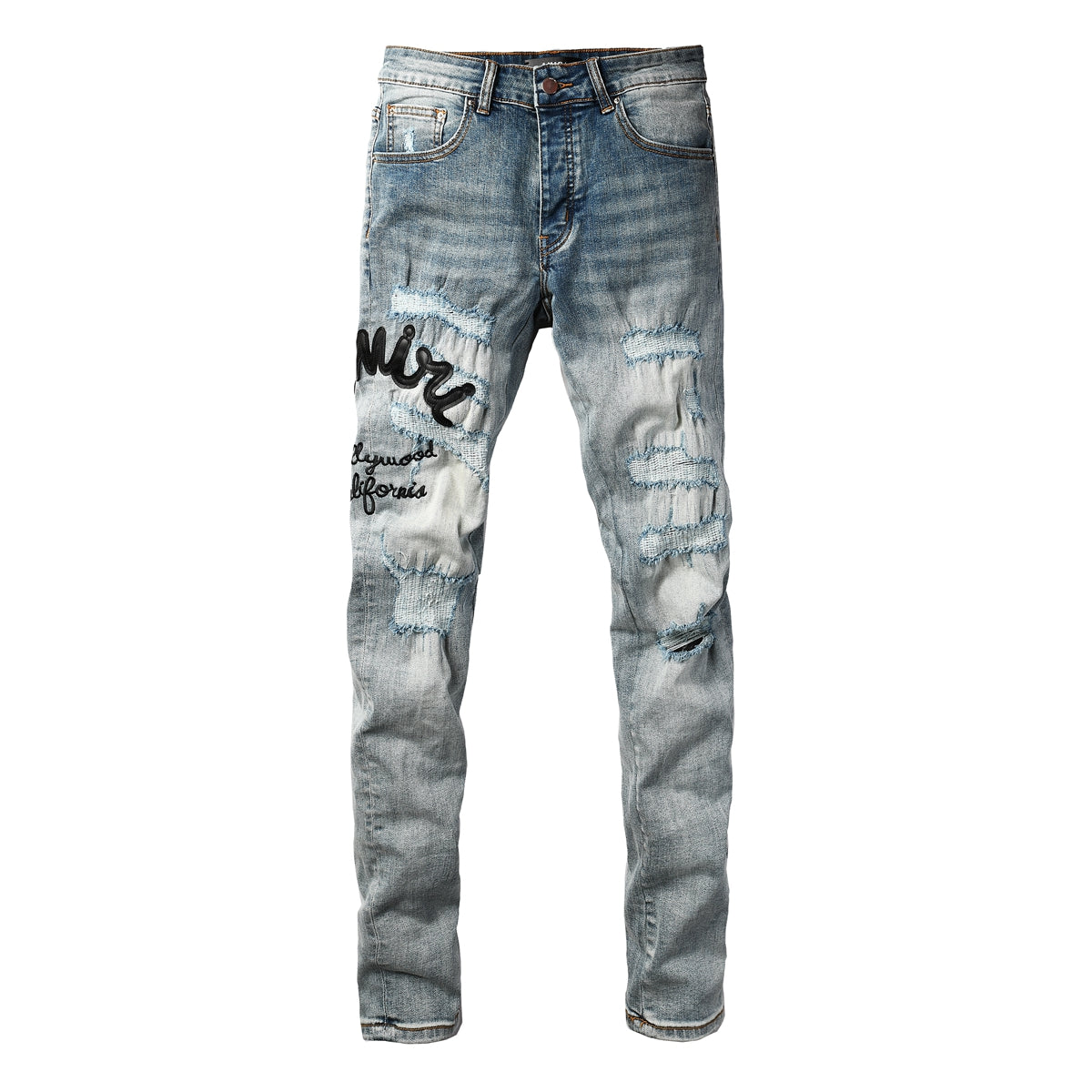 Men's Light Wash Distressed Skinny Jeans with Embroidered Lettering Street Style Denim 8931