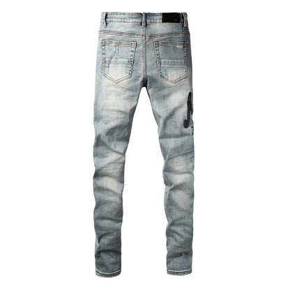 Men's Light Wash Distressed Skinny Jeans with Embroidered Lettering Street Style Denim 8931