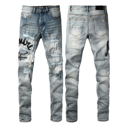 Men's Light Wash Distressed Skinny Jeans with Embroidered Lettering Street Style Denim 8931