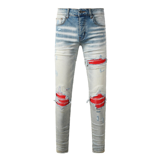 Men's Light Blue Ripped Skinny Jeans with Red Patch Detailing Urban Streetwear Denim (8932-8887)