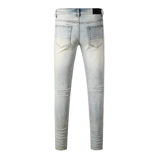 Men's Light Blue Ripped Skinny Jeans with Red Patch Detailing Urban Streetwear Denim (8932-8887)