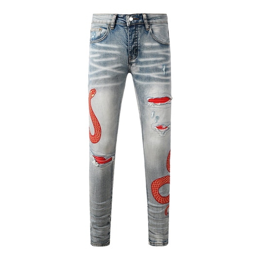Men’s Light Wash Skinny Jeans with Red Snake Embroidery and Distressed Rips 8933