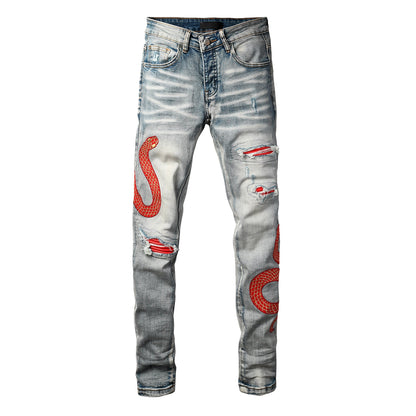 Jean skinny délavé pour homme avec broderie serpent rouge et déchirures usées 8933