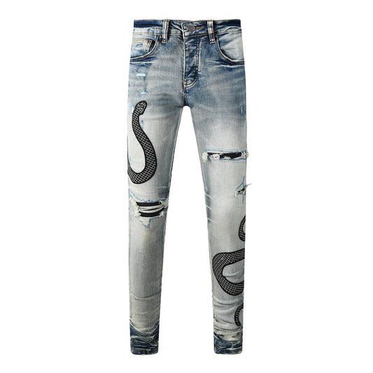 Men’s Light Wash Skinny Jeans with Black Snake Embroidery and Distressed Rips 8934