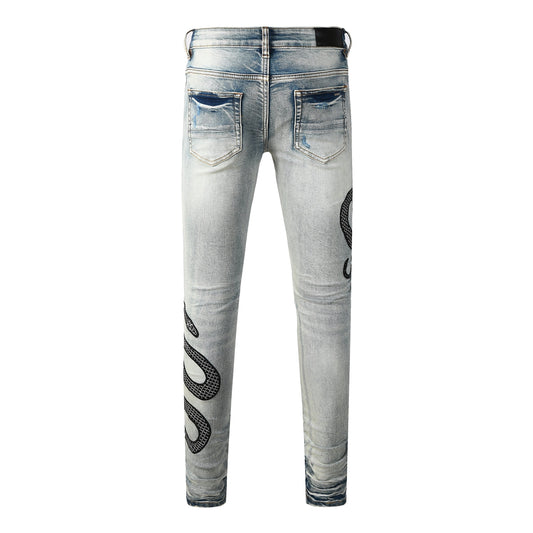 Men’s Light Wash Skinny Jeans with Black Snake Embroidery and Distressed Rips 8934