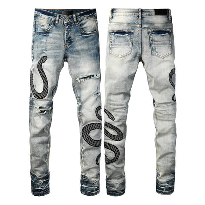 Jean skinny délavé pour homme avec broderie serpent noire et déchirures 8934