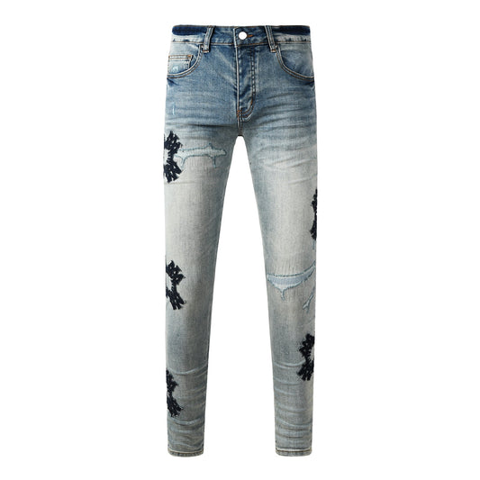 Men’s Light Blue Ripped Jeans with Cross Patch Design 8936