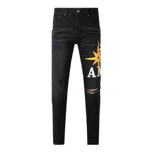 Men’s Black Skinny Jeans with Yellow Star 8937