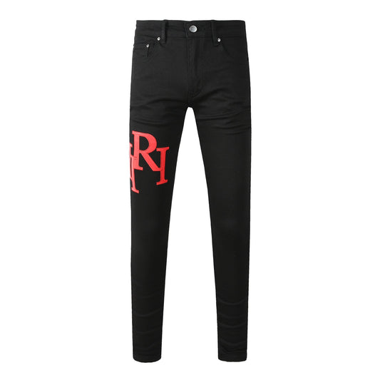 Men’s Black Skinny Jeans with Bold Red Letter Embroidery Minimal Street Style Stretch Denim Pants 893