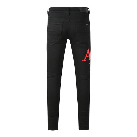 Men’s Black Skinny Jeans with Bold Red Letter Embroidery Minimal Street Style Stretch Denim Pants 893