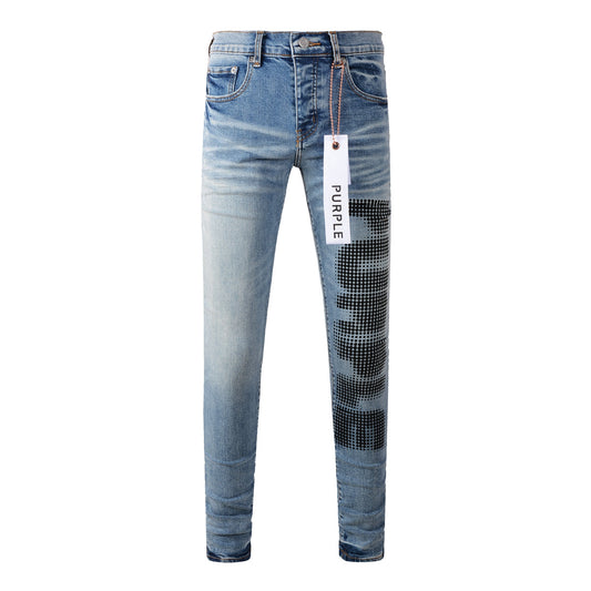 Jean Skinny Bleu Clair Homme avec Imprimé Lettres Pixellisées Noires, Pantalon en Jean Style Streetwear 9052