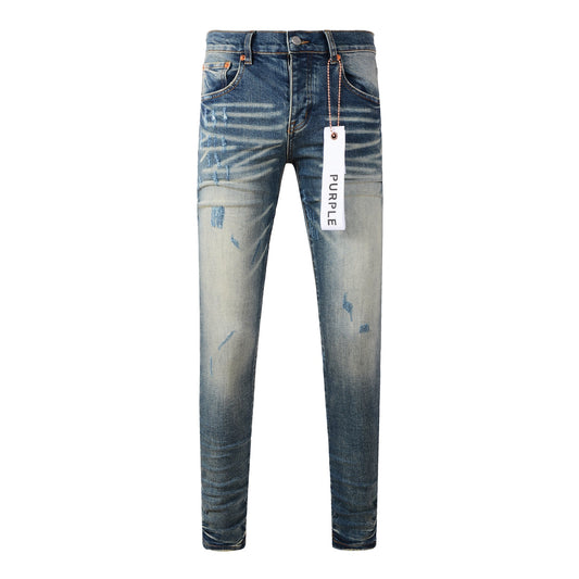 Jean Skinny Homme Bleu Clair Délavé avec Effet Vieilli et Détails Moustache Jean Vintage 9055