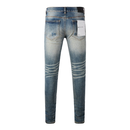 New Pop Style Purple Mens Bleach Pants Made Old Skinny Blue Denim Jeans 9055