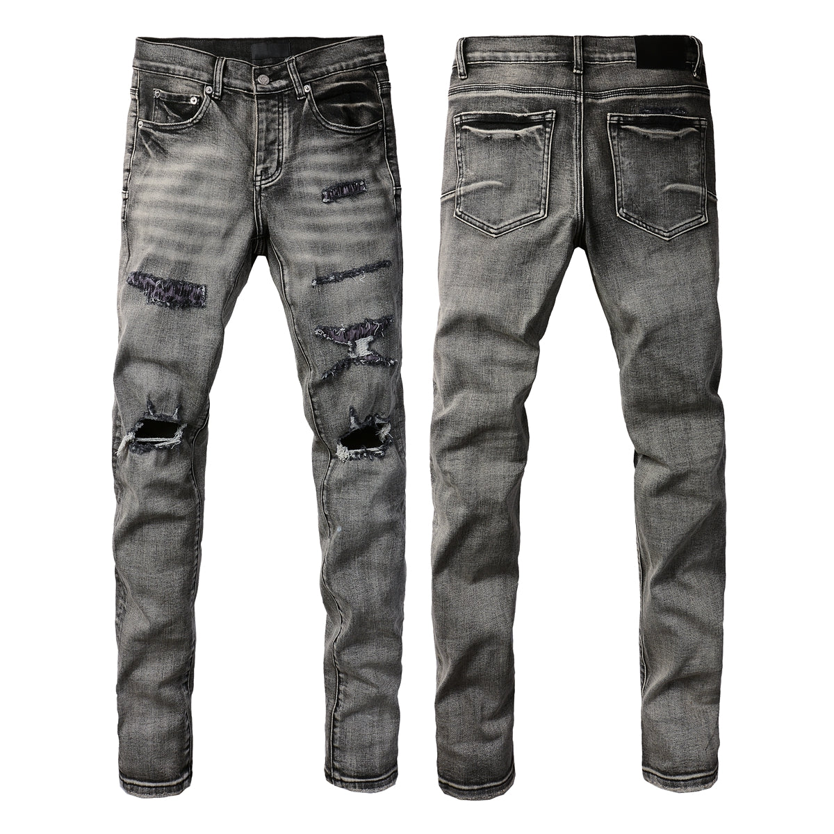 Jean pour homme, style streetwear classique, délavé noir/gris, déchiré, coupe skinny 9068