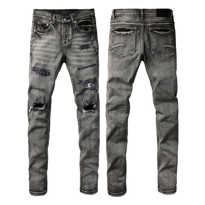 Jean pour homme, style streetwear classique, délavé noir/gris, déchiré, coupe skinny 9068